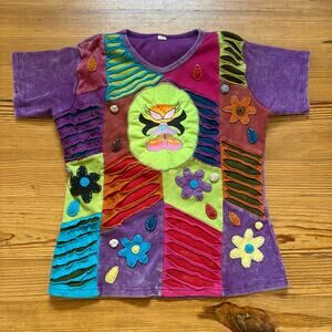 Purple multicolor alien fairy graphic cotton shirt sleeve shirt SIZE S‎